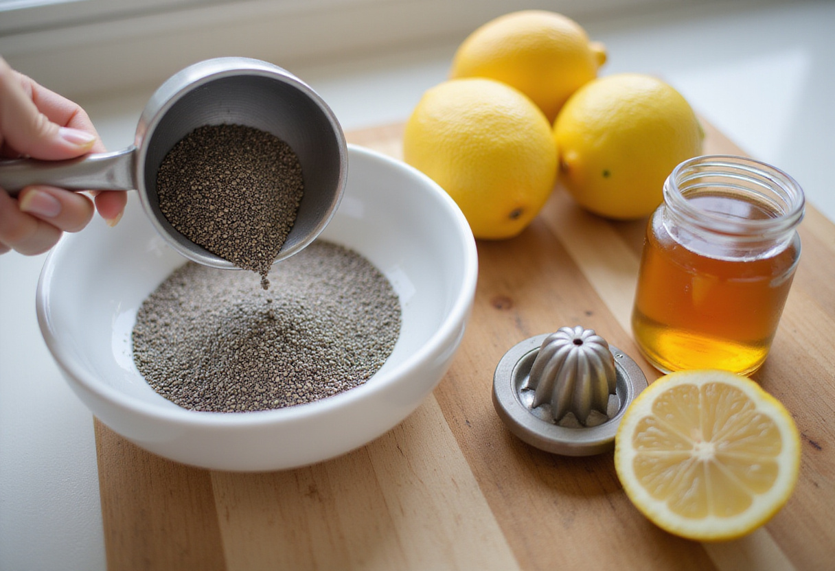 Making the Best Lemon Cream Chia Pudding with chia seeds, fresh lemons, and honey on a healthy kitchen counter.