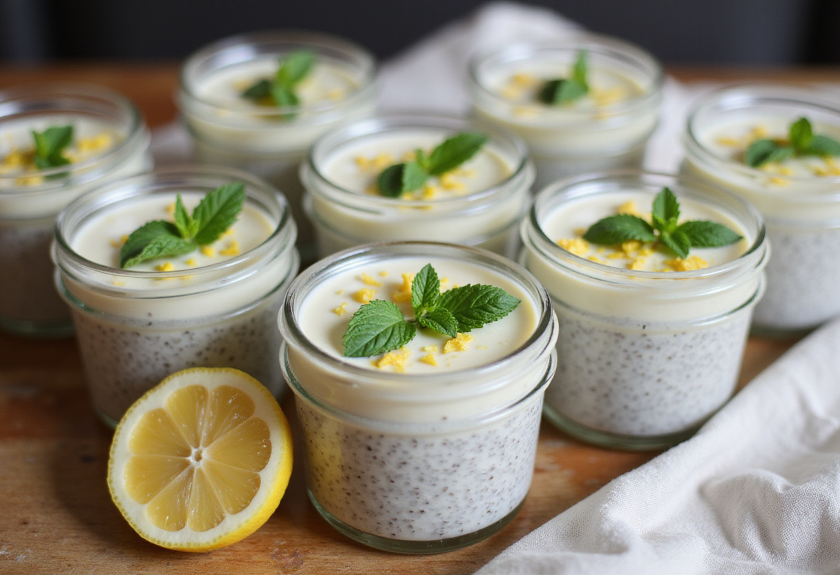 Assembling the final jars of creamy Lemon Cream Chia Pudding topped with lemon zest and mint leaves ready for serving.