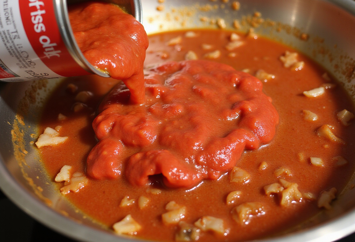 Cooking garlic and tomatoes in a skillet for a creamy pasta sauce, showcasing fresh ingredients in a lively kitchen environment.