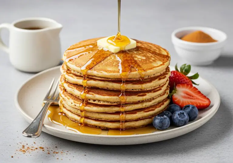 Delicious vanilla cinnamon buttermilk pancakes served with maple syrup and fresh fruit, perfect for breakfast or brunch.
