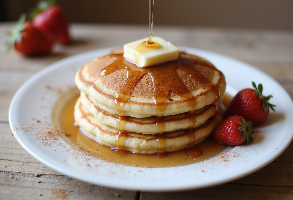 Delicious vanilla cinnamon buttermilk pancakes served with maple syrup and fresh fruit, perfect for breakfast or brunch.