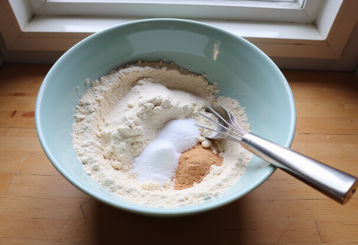Vanilla cinnamon buttermilk pancakes dry ingredients preparation, flour, sugar, and spices in a mixing bowl.