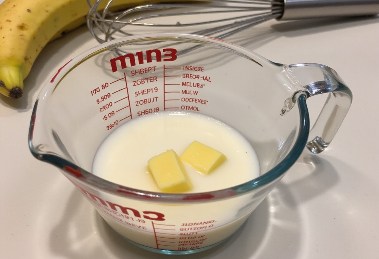 Mixing liquid ingredients for vanilla cinnamon buttermilk pancakes recipe, showcasing buttermilk, melted butter, and vanilla.
