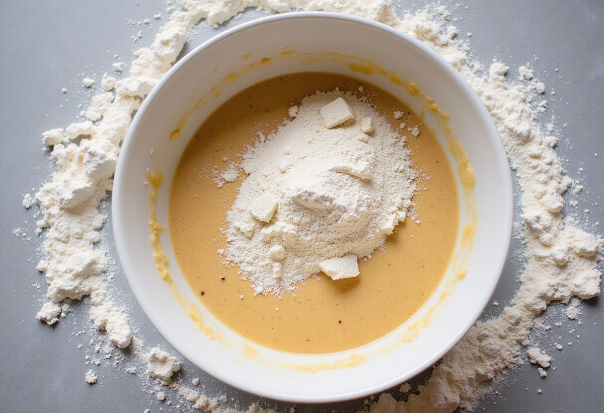 Combining ingredients for fluffy vanilla cinnamon buttermilk pancakes, showing the batter mixing process in the kitchen.