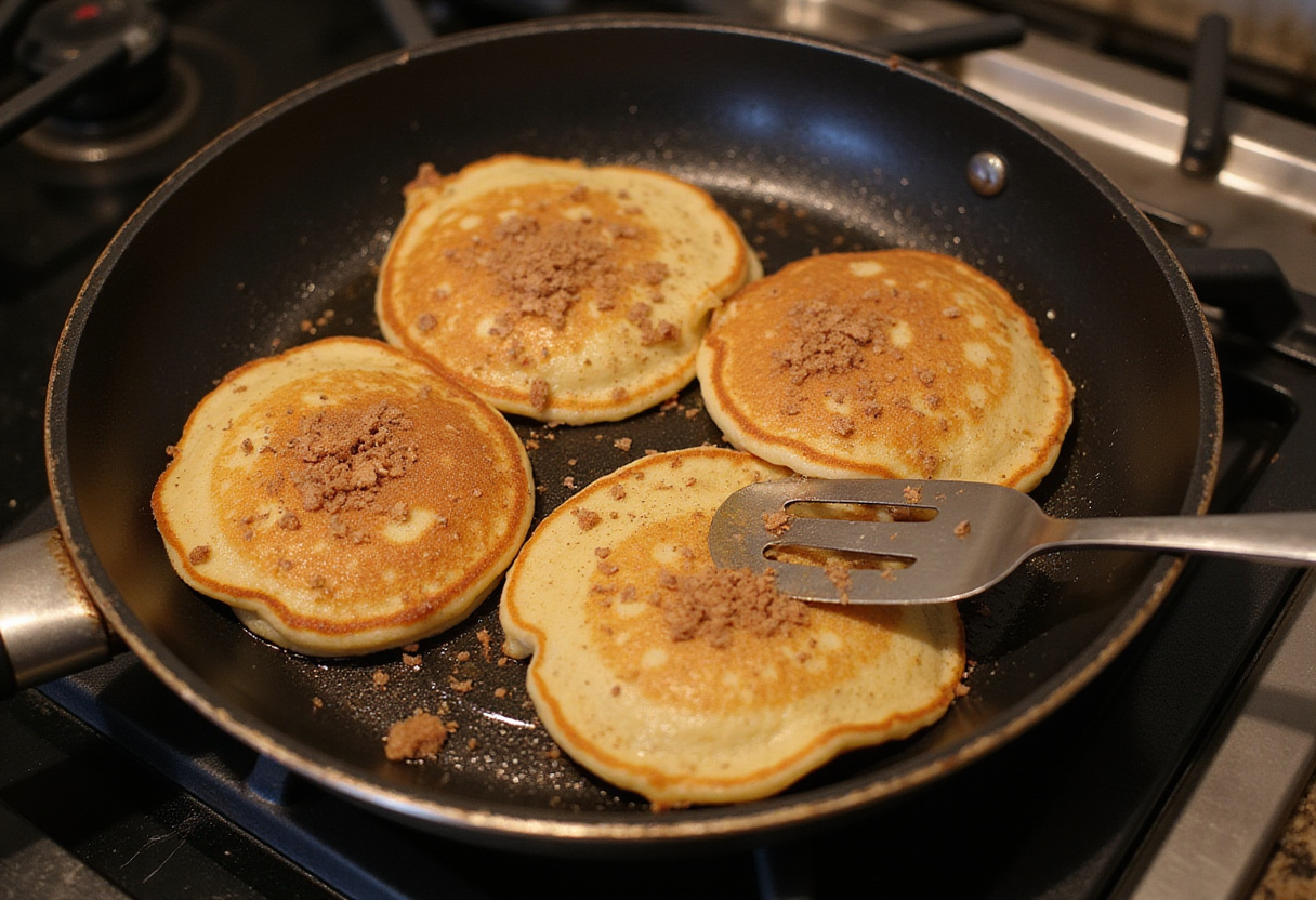Cooking fluffy vanilla cinnamon buttermilk pancakes in a skillet, golden and perfectly browned for breakfast.