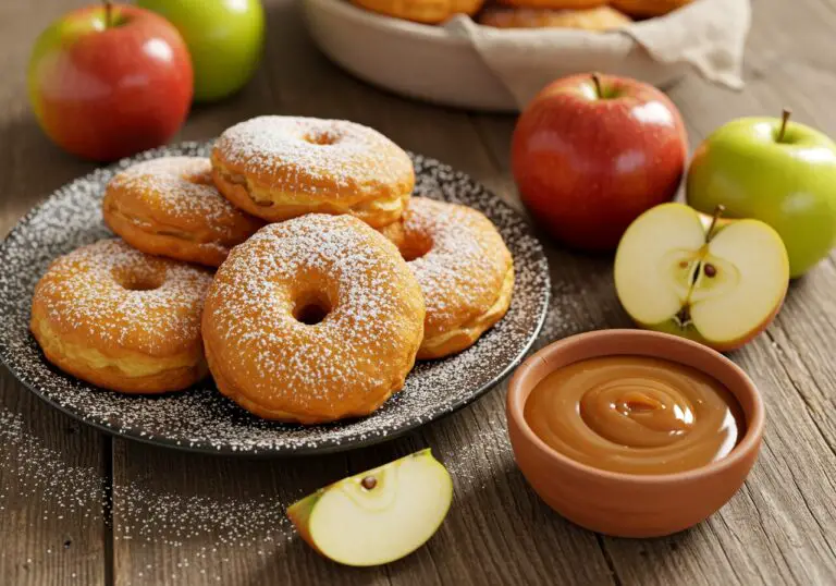 Delicious warm baked apple fritters served with powdered sugar and caramel sauce, showcasing the best oven-baked dessert.