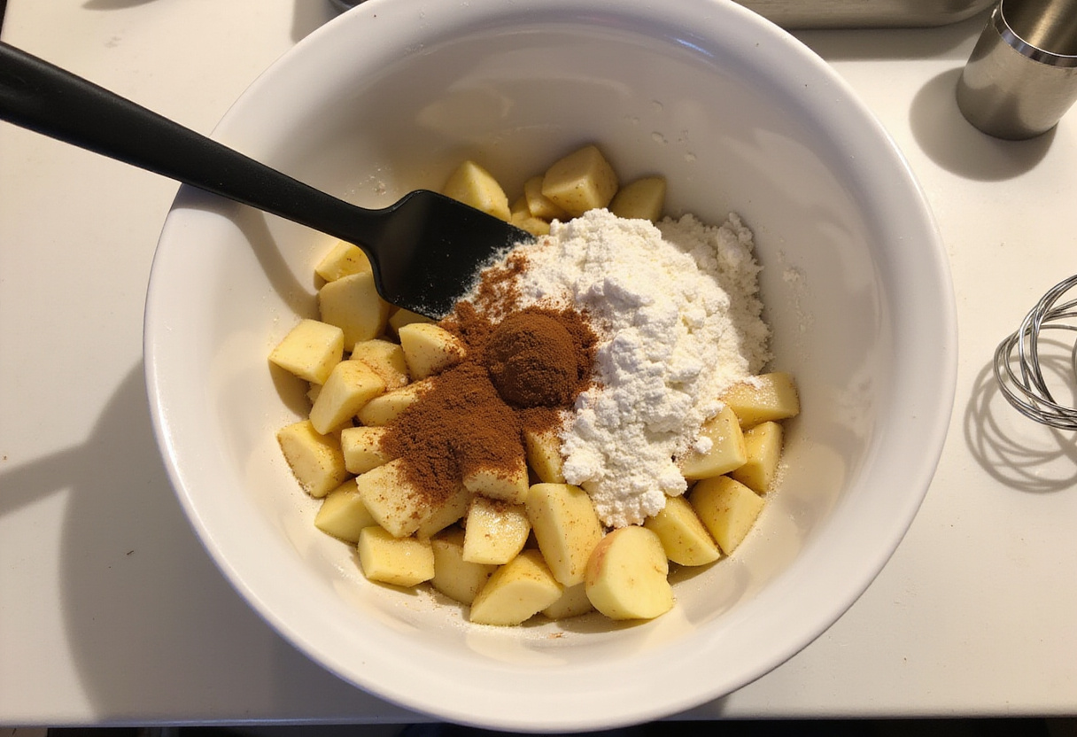 Diced apples mixed with cinnamon and sugar, perfect for warm baked apple fritters, showcasing the preparation stage.