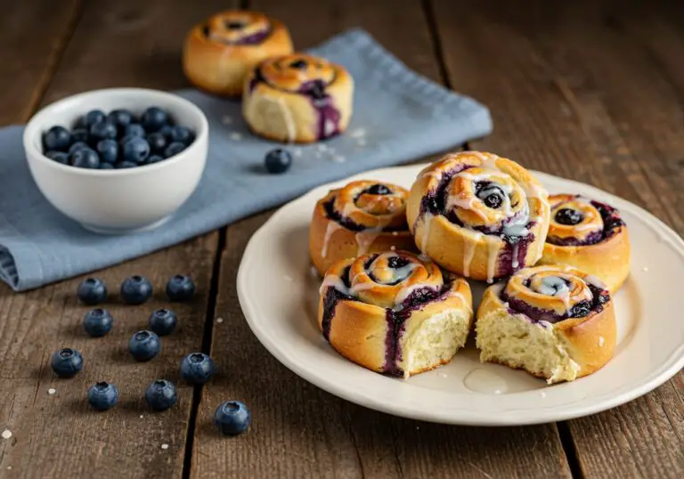 Final presentation of Wild Blueberry Ricotta Sweet Buns served on a rustic table, showcasing their delicious appeal.