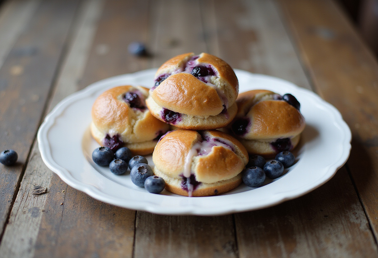 Final presentation of Wild Blueberry Ricotta Sweet Buns served on a rustic table, showcasing their delicious appeal.