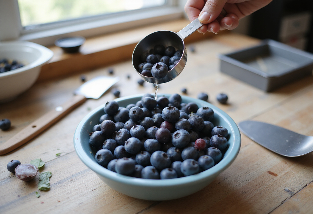 Wild blueberries preparation for Slavic-inspired Vatruschka buns with a warm kitchen scene.