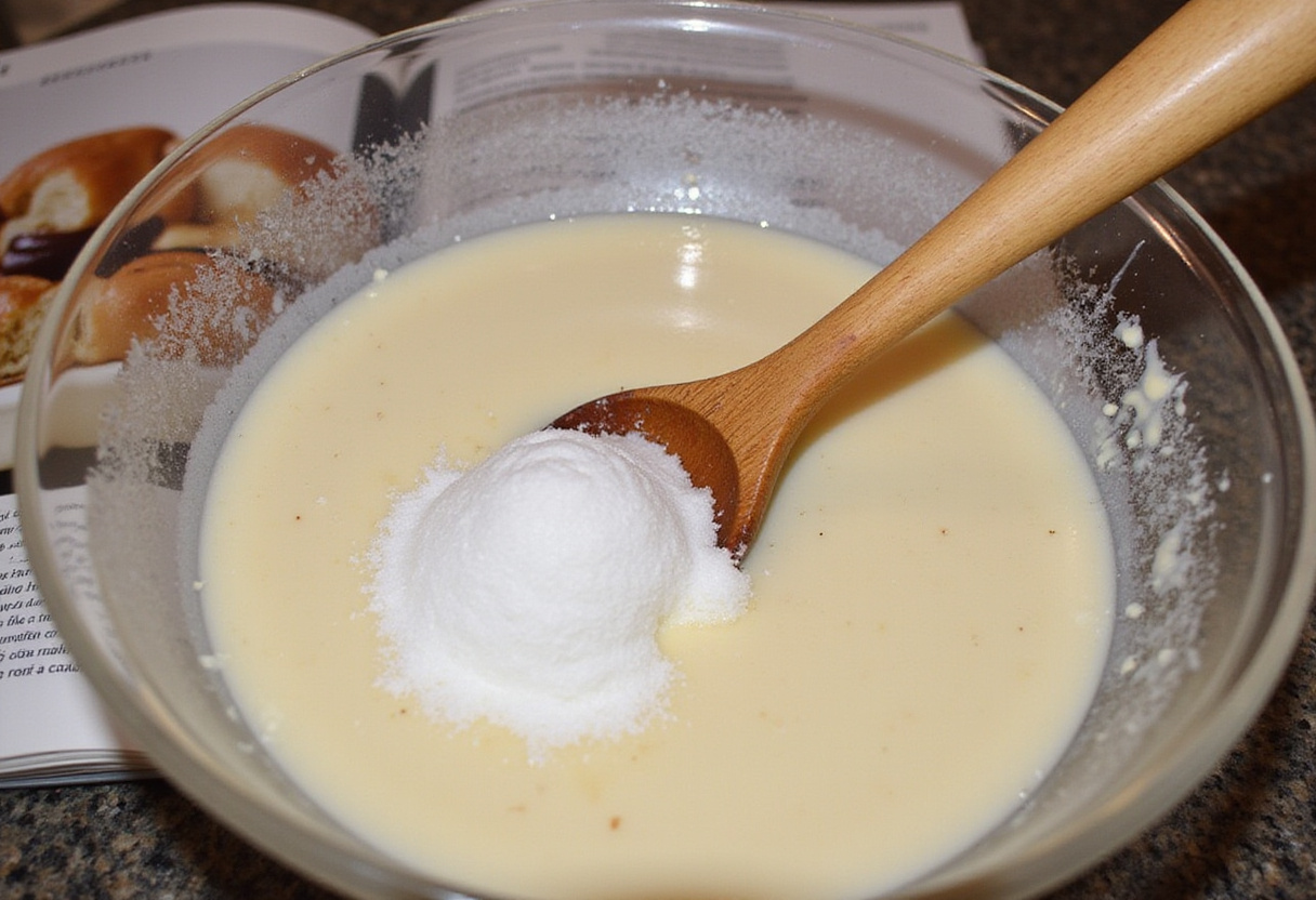 Mixing ricotta and sugar for Wild Blueberry Ricotta Sweet Buns in a traditional kitchen setting.
