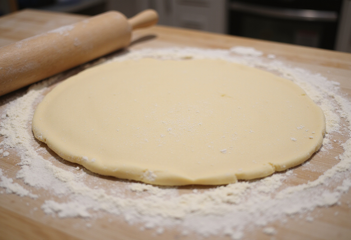 Rolling out dough for Slavic-inspired Vatruschka buns on a floured countertop, showcasing the baking process.
