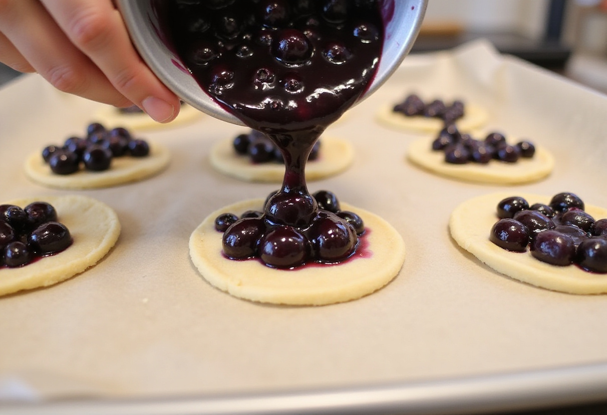 Filling dough rounds with wild blueberry mixture for Vatruschka buns before baking.